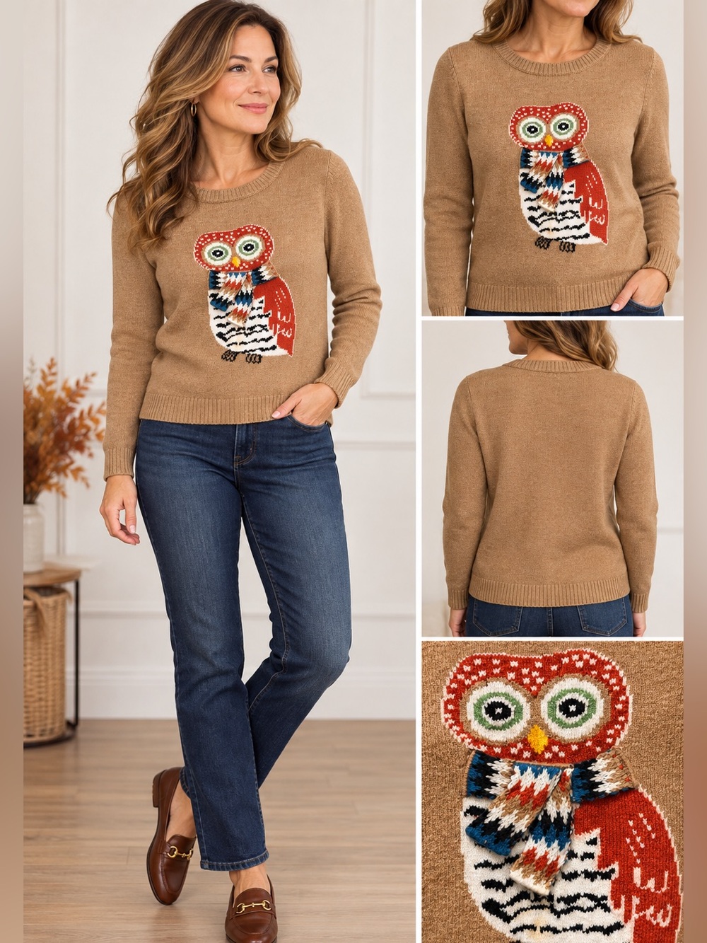 Talbots Petite Size SP Owl Sweater Women Brown Novelty Knit 3D Scarf Fall Winter